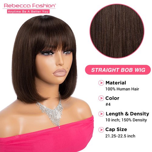 Rebecca Fashion Brown Bob Wig with Bangs Human Hair 10 Inch Light Yaki Straight Short Bob Human Hair Wigs for Black Women Wear and Go Glueless Wig for Daily Wear