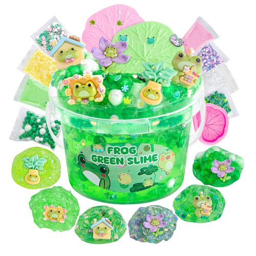 LAWOHO Frog Clear Slime 300ml, Green Clear Slime Kit for Girls Ages 8-12 with 8 Packs Slime Add-Ins, Slime for Kids Party Favors, Non Stick Slime with Clay, Birthday Halloween Christmas Easter Gifts