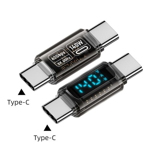 NFHK Adapter Transparent Type-C Smart LED Display USB-C Male to Male Extension Adapter USB4.0 40Gbps 140W Current Voltage Monitoring Tester Detector