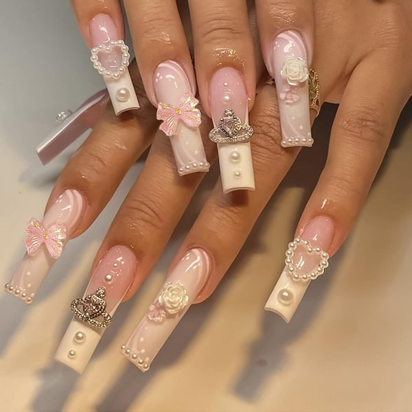 French Tip Press on Nails Long Coffin Fake Nails Summer Pink False Nails Heart-Shaped Pearl and Bows Designs Pink Rhinestone Full Cover Glossy Cute Flower Acrylic Nails White Nail Tips Glue on Nails for Women Girls 24 Pcs