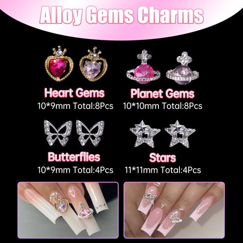 3D Multi Shapes Nails Charms Gems Set, Star Heart Planet Butterfly Nail Rhinetones Charms, Flowers Bows Hollow Star Moon Pearls Acrylic Nail Art Charms for Manicure DIY Crafts Jewel Accessories