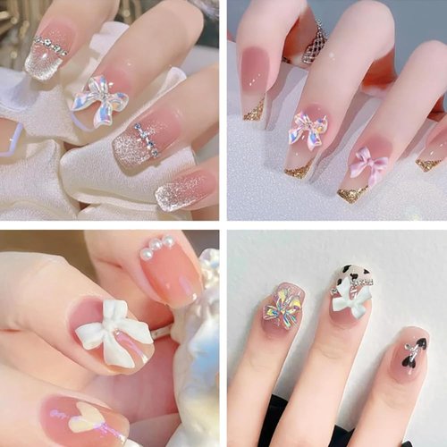 3D Bow Nail Charms, 2Boxes 3D Colorful Aurora Bowknot Nail Art Rhinestones Cute Aurora Clear Bow Nail Charms Acrylic Resin Nail Supplies Manicure DIY Nail Decorations