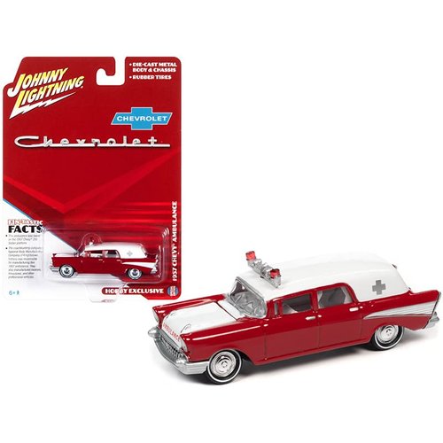 1/64 Johnny Lightning 1957 Chevy Ambulance Kosmos Red and White with White Interior Diecast Model Car - JLSP130