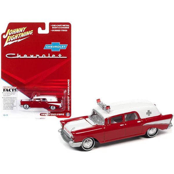 1/64 Johnny Lightning 1957 Chevy Ambulance Kosmos Red and White with White Interior Diecast Model Car - JLSP130