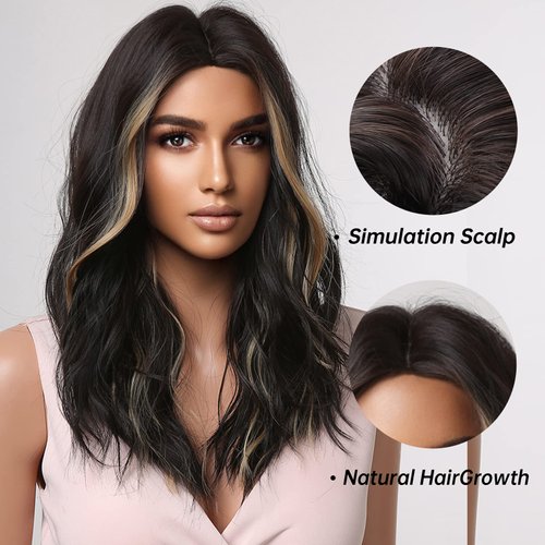 Allbell Black Wigs for Women Curly Wig with Highlights Middle Part Synthetic Wig Medium Length for Daily Use Cosplay