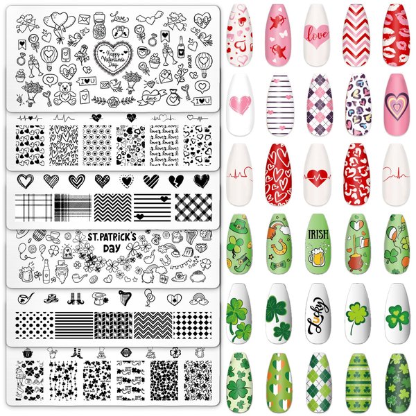 Whaline 6Pcs St. Patrick's Day Valentine's Day Nail Art Stamping Plates Kit Love Heart Spring Shamrock Image Stamp Templates Nail Art Plates Set for DIY Print Manicure Salon Design