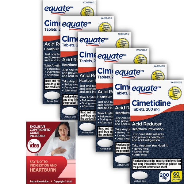 Equate, Cimetidine 200 Mg - Heartburn Medicine, Stomach Acid Reducer, 60ct (6 Pack) Bundle with Exclusive "Say "No" to Indigestion and Heartburn" - Better Idea Guide (7 Items)