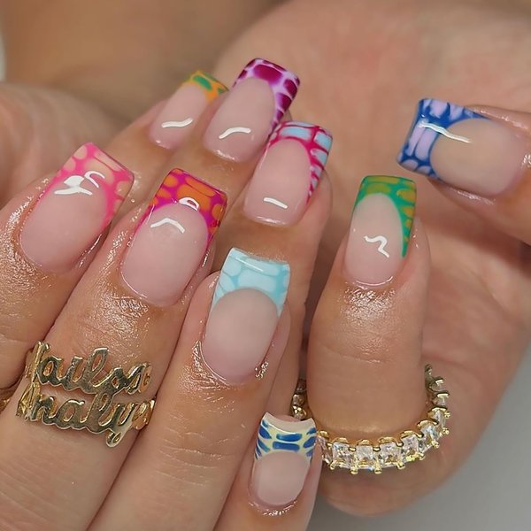 Tyuimhx Colorful French Tip Press on Nails Medium Square Fake Nails With Bubble Pattern Designs Full Cover Stick on Nails Acrylic Reusable Artificial Nails for Women Girls Glue on Nails 24Pcs