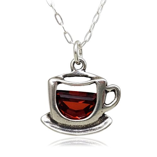 Sterling Silver Coffee Cup Teacup with Red Cubic Zirconia Charm Necklace, 18"