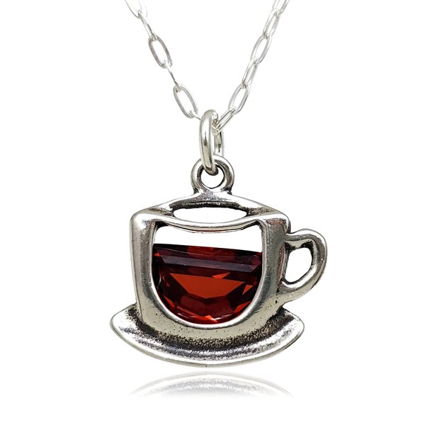 Sterling Silver Coffee Cup Teacup with Red Cubic Zirconia Charm Necklace, 18"