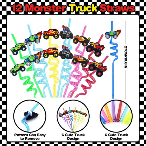 Monster Truck Party Favors Set - 110 PCS Truck Theme Slap Bracelets Keychains Tattoo Stickers Drinking Straws Party Goodie Pinata for Boys Birthday Supplies