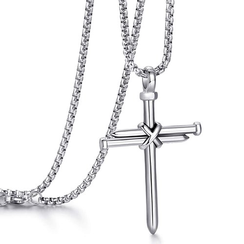 MUERDOU Cross Necklace for Men Cross Pendant STRENGTH Bible Verse Stainless Steel Necklace Silver Nail