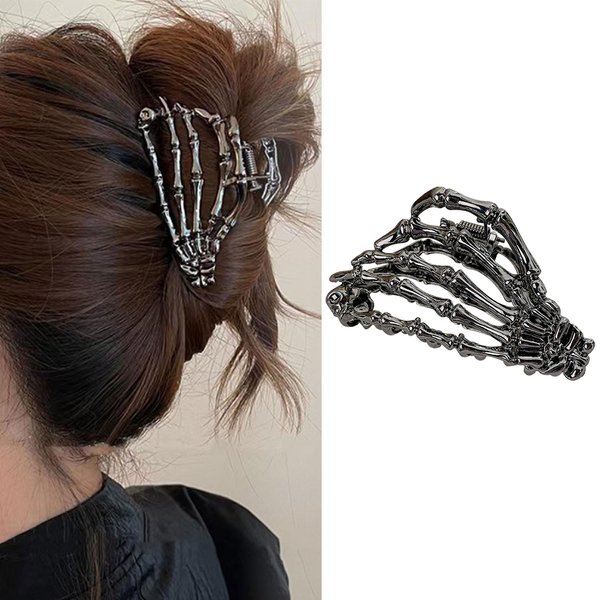 Halloween Hair Clips Skeleton Hair Claw Black Steel Halloween Hair Accessories Horror Non-Slip Claw Clip for Women Thick And Thin Hair (1 Count)