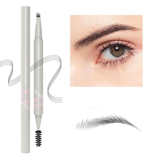 VEECCI Liquid Eyebrow Pencil, Long-lasting Waterproof Fork Tip Grey Brow Pen with Brow Brush, Double Ended - Smudgeproof and Tattoo Microblading Effect