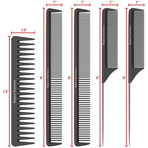 Salon Styling Combs | 5 Piece | Professional Black Carbon Fiber Hair Combs | Detangling Comb | Rat Tail Comb | Teasing Comb | Salon Grade Combo Comb Set for Men and Women by Bardeau Essentials