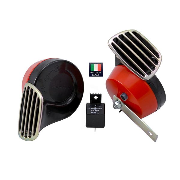 RED Black Twin TRUMPET SNAIL High/Low Tone 12v Volt Electromagnetic Loud Dual Replacement HORNS (Quantity 2) Compact Complete Universal Kit with Brackets Relay Hardware for Car Bike Motorcycle Truck for Mazda Protege Eunos Miata MX5 MX6 RX7 RX8 MAZDA 3 6 