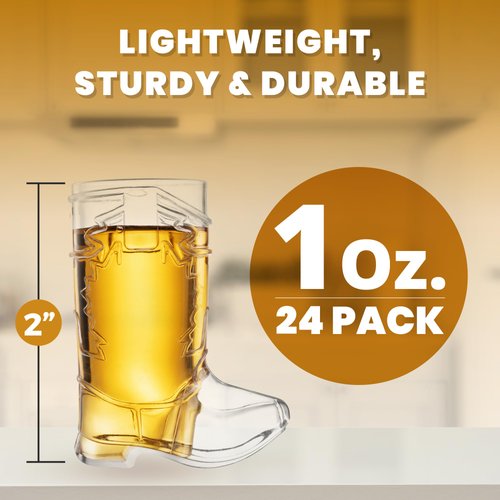 Cowboy Boot Shot Glasses - (Bulk Pack of 24) Mini Reusable and Disposable Clear Plastic Shot Glass Cups for Themed Birthday Parties Decorations and Cowboy Bachelorette Party Favors, Holds 1-Oz
