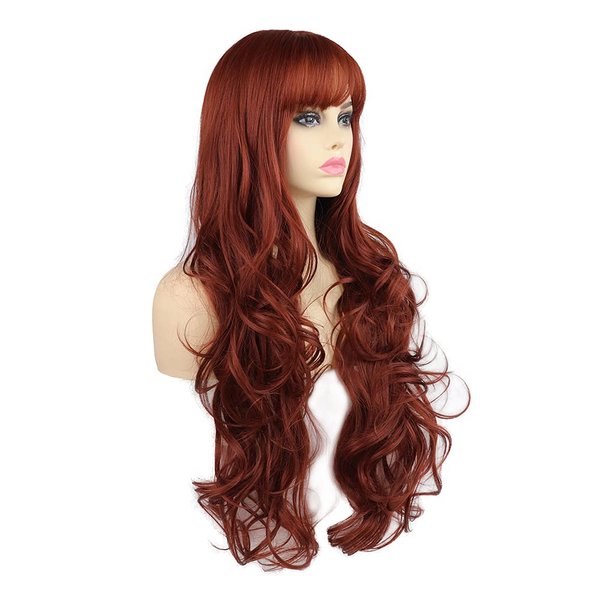 SYXLCYGG Long Auburn Wigs 28" Wavy Synthetic Daily Wigs Halloween Costumes Party Curly Hair Wig With Bangs Soft&Not Tangled for White Womens Natural Wigs Girls Ladies Real(free wig cap)