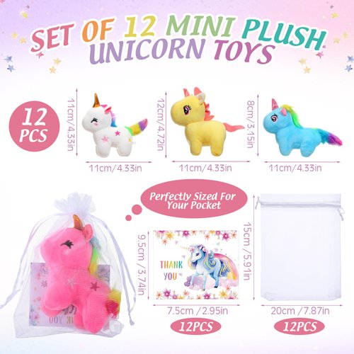 Liliful 12 Sets Unicorn Party Favors Include 12 Small Unicorn Stuffed Animal Plush Keychain, 12 White Organza Bags, 12 Thank You Gift Cards for Girls Unicorn Birthday Decorations Supplies Prizes