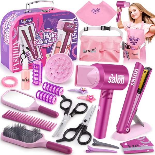 Toylink Hair Salon Pretend Play Toys for Girls 3 4 5 6 Year Old, Makeup Playset Toddler Dress Up Beauty Hair Stylist Kit with Hairdryer Straightener Apron Portable Box, Birthday Gifts for Girls 4-6