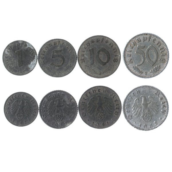 4 Coins from Germany | German Coin Set Collection 1 5 10 50 Reichspfennig | Circulated 1939-1945 | Reichsadler Eagle | Swastika