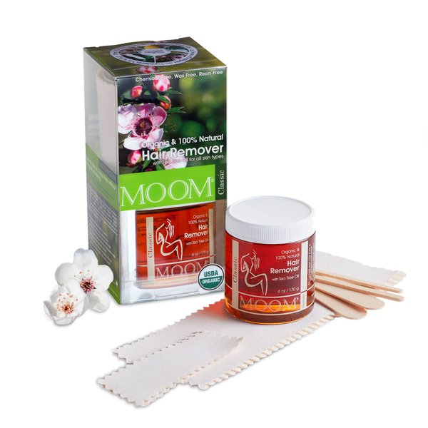 MOOM - Organic Sugar Wax Hair Removal Kit, For Underarm, Face and Bikini Zone, Waxing Kit Includes Sugar Wax Infused with Tea Tree Oil, Wax Strips & Waxing Sticks, Ideal for sensitive skin - 6 ounces