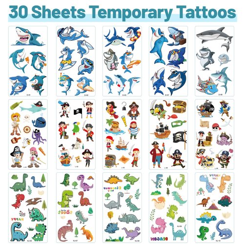 30 Sheets Temporary Tattoos Kit for Kids, 289Pcs Fake Cute Tattoo Stickers Waterproof, Birthday Party Favor (Shark & Pirates & Dinosaurs) 3 years old+