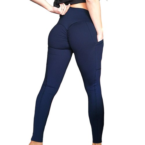 FITTOO Womens Scrunch Butt Lifting Yoga Pants Sport Workout Ruched Leggings High Waist Tight Side Pocket Navy(L)