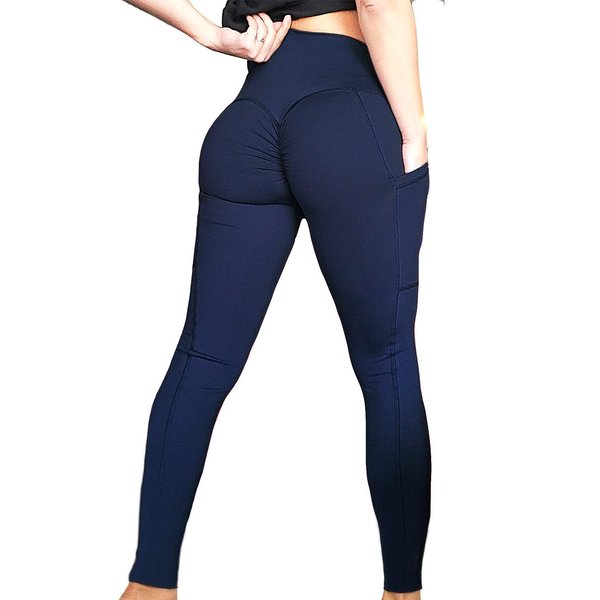 FITTOO Womens Scrunch Butt Lifting Yoga Pants Sport Workout Ruched Leggings High Waist Tight Side Pocket Navy(L)