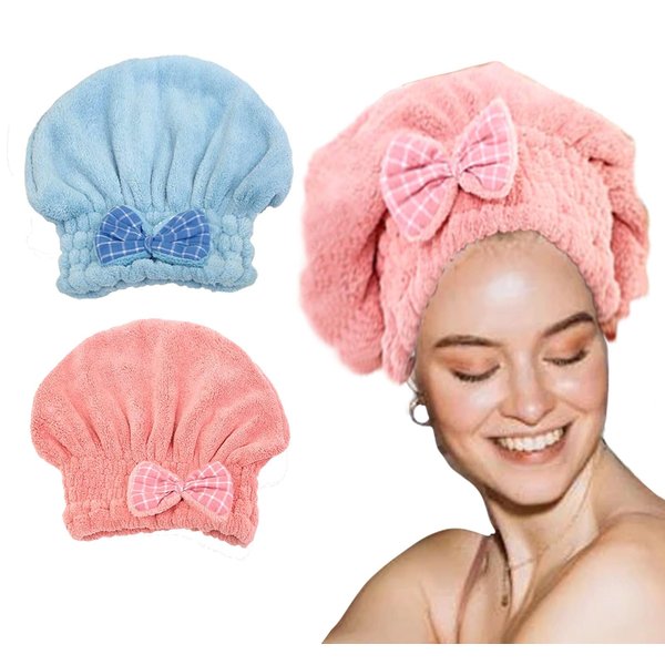 Free Eagle Microfiber Towel Head Wrap, 2 Packs Hair Towel for Curly & Quick Drying Wet Hair, Bath Towel, Absorbent Hair Turban Shower for Women (Pink, Blue)