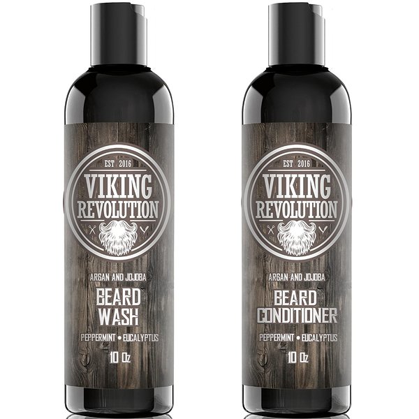 Viking Revolution Beard Wash & Beard Conditioner Set w/Argan & Jojoba Oils – Softens, Smooths & Strengthens Beard Growth - Natural Peppermint and Eucalyptus Scent - Beard Shampoo w/Beard Oil (10 oz)