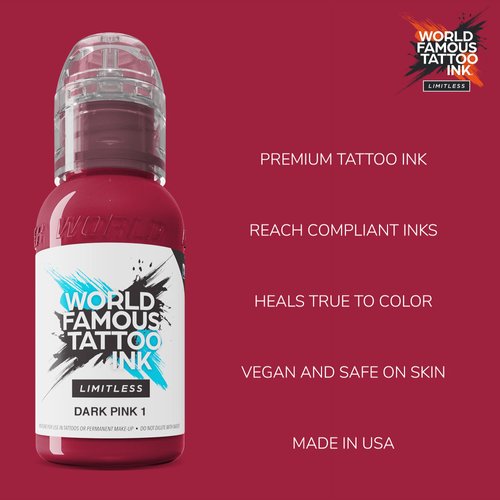 World Famous Limitless Tattoo Ink, Vegan Professional Premium Permanent Tattooing Inks, Dark Pink 1, 1 oz