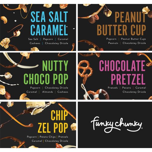 Funky Chunky Gourmet Popcorn Sampler Variety Pack with all 5 flavors: Sea Salt Caramel, Nutty Choco Pop, Peanut Butter Cup, Chip Zel Pop, and Chocolate Pretzel, 2 oz (5 Bags)