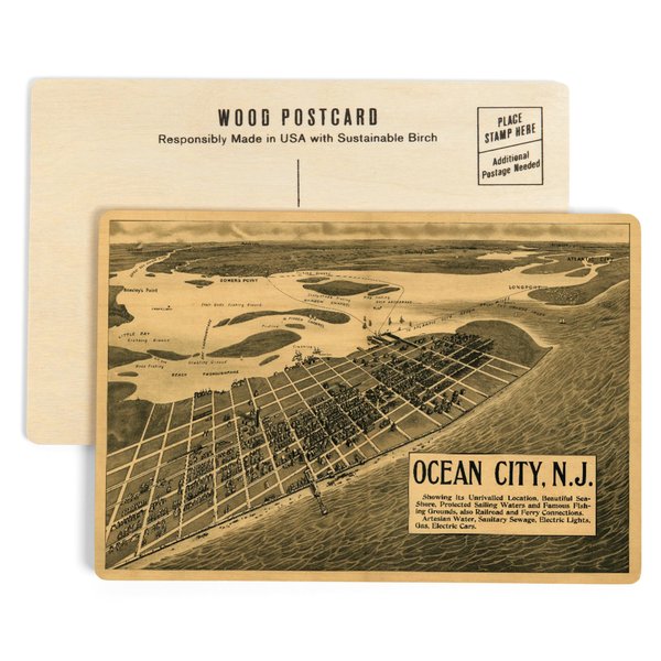 Ocean City, New Jersey, (1903), Panoramic Map (4x6 Birch Wood Postcards, 2-Pack Stationary, Rustic Home Wall Decor)