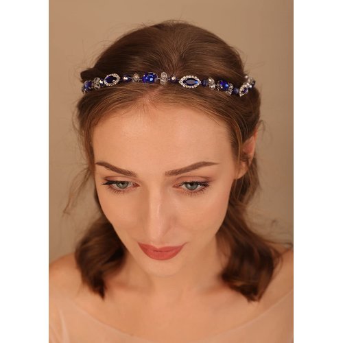 Denifery Bridal Headpiece Blue Sapphire Rhinestone Headband Blue Crystal Hair Vine Silver Bridal Headbands for Wedding Party Wedding Hair Jewelry
