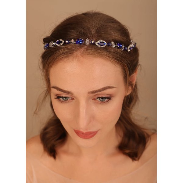 Denifery Bridal Headpiece Blue Sapphire Rhinestone Headband Blue Crystal Hair Vine Silver Bridal Headbands for Wedding Party Wedding Hair Jewelry