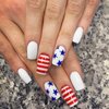 4th of July Press On Nails Medium Patriotic Press On Nails Independence Day Nails Red White and Blue Star Striped Nails Square White False Nails Full Cover Coffin for Women Girls