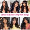 JZhair Body Wave Human Hair Wigs With Bangs Brazilian Remy Hair Machine Made O Scalp Top Wig For Black Women Remy Brazilian Human Hair Wave Wig 200% Density Natural Color 24 Inch