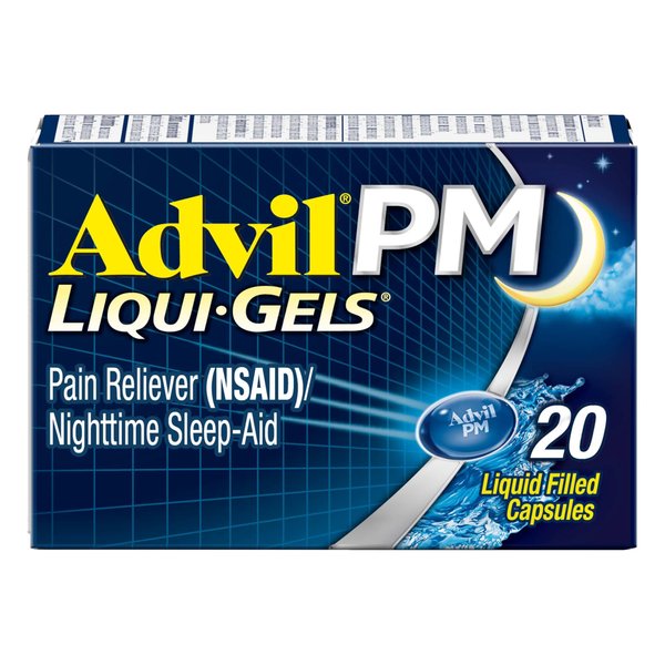 Advil PM Liqui-Gels Pain Reliever and Nighttime Sleep Aid, Pain Medicine with Ibuprofen for Pain Relief and Diphenhydramine HCL for a Sleep Aid - 20 Liquid Filled Capsules - Back to College