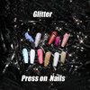 MISUD Bling Glitter False Nails, Long Coffin Fake Nails, White Press on Nails, Ballerina Shape Acrylic Nails for Women & Girls