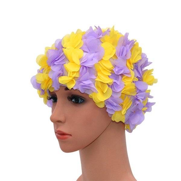 Medifier Lace Vintage Swim Cap Floral Petal Retro Style Bathing Caps for Women Rose Purple and Yellow