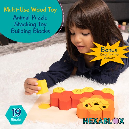 Hexablox Toddler Puzzles 19pcs - Wooden Stacking Blocks - Montessori Wooden Toddler Toys for 1+ Year Old Boys Girls - Multi Use Stacking Toy, Color Sorting Toys for Toddlers 1-3, Building Blocks Lion