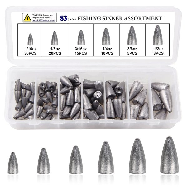 OROOTL Bullet Fishing Sinkers Weights Kit, 83pcs Worm Weights Set Bullet Sinker Weights for Fishing Sliding Sinkers for Bass Fishing Texas Rigs Carolina Rig Freshwater Saltwater Gear Tackle