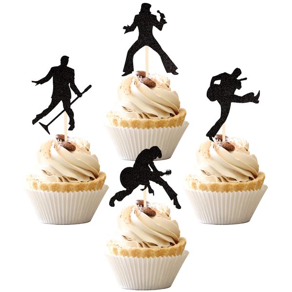 24 PCS Rock Band Cupcake Toppers Black Glitter Rock Pop Music Theme Cupcake Picks Music Concert Theme Birthday Party Cake Decorations Supplies