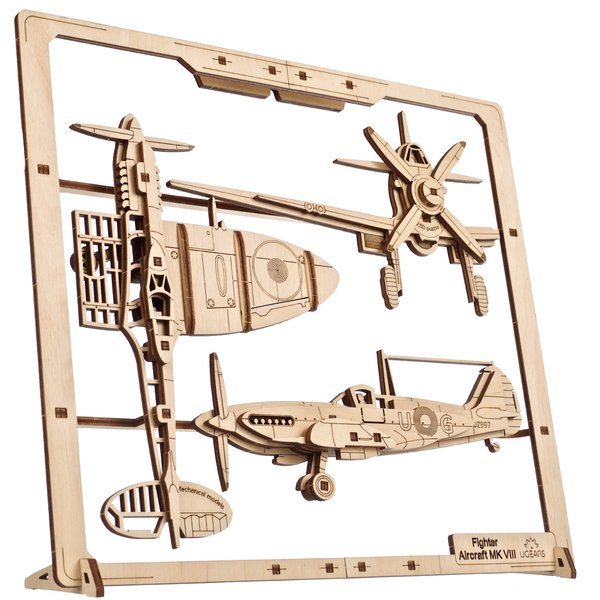 UGEARS 2.5D Framed Fighter Aircraft - Classic Aircraft Wood Model Kit with Movable Aileron, Propeller, Wheel & Canopy - Airplane Wooden Puzzle Model Kits - Home and Office Decor