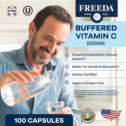FREEDA Vitamin C - Buffered Vitamin C 500mg - Kosher - Powerful Antioxidant Immune Support - Sensitive Stomach Vitamins C Capsules Calcium Ascorbate - Vitamin C 500 mg - VIT C Supplement (100 Count)