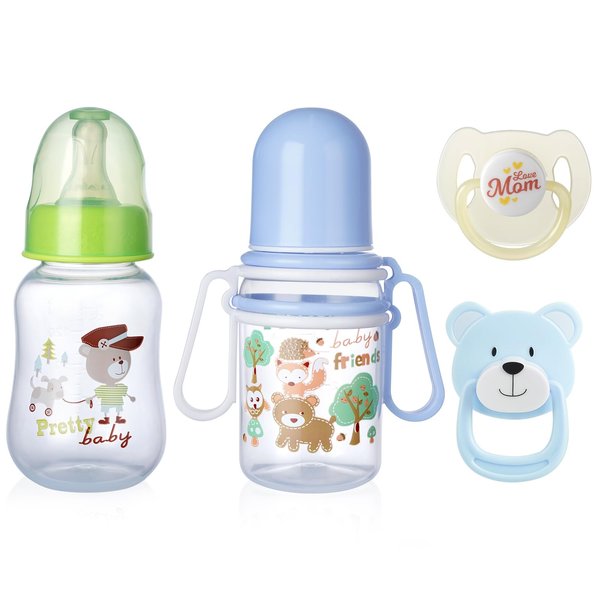 JIZHI 4 Pieces Reborn Baby Doll Accessories, 2 Baby Doll Feeding Bottles and 2 Magnetic Pacifier, Baby Doll Magnetic Pacifier & Feeding Bottle Set for Reborn Dolls, Blue and Green