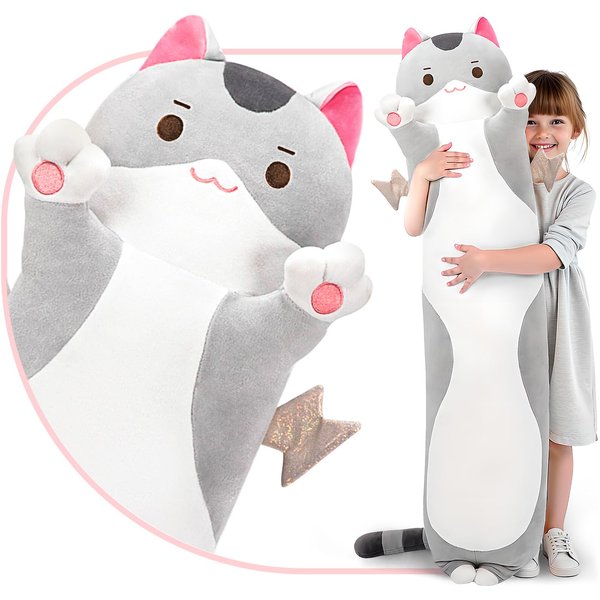 Long Cat Plush 5 Sizes, 120% Extra Filling Giant Plushness Body Pillow, Kawaii Cute Gray Cat Stuffed Animals Soft Stuffed, Extra-Long Pillow Cat Plushies Gift for Girls Kids 36"