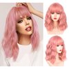 SHDanrtse Curly Wavy Pink Bob Wigs with Bangs for Women Synthetic Shoulder Length Curly Wavy Wig Heat Resistant Synthetic 14 Inch Short Bob wigs Loose Water Wavy Pink Wig Daily Party Cosplay Wig(Pink)