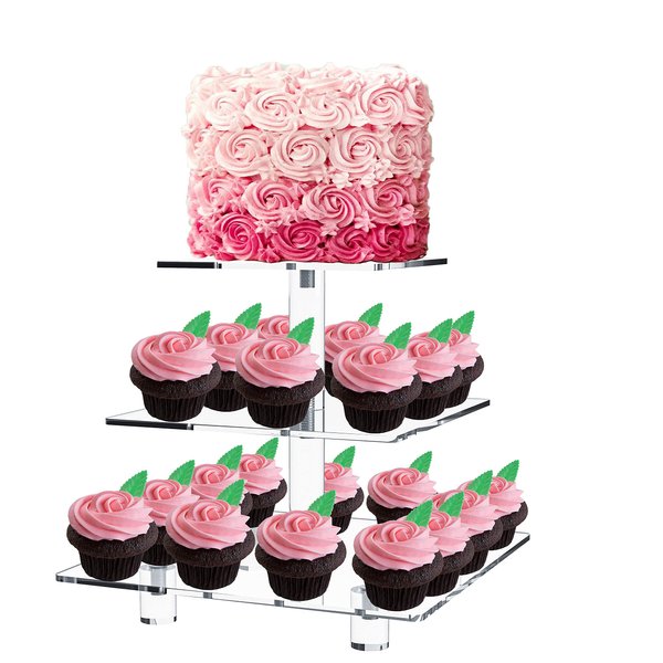 Jusalpha® 3 Tier Strong Acrylic Square Cupcake Stand, Dessert Display Tower (Clear, 1)
